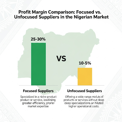 Infographic showing profit margin comparison between focused vs. unfocused suppliers in Nigerian market