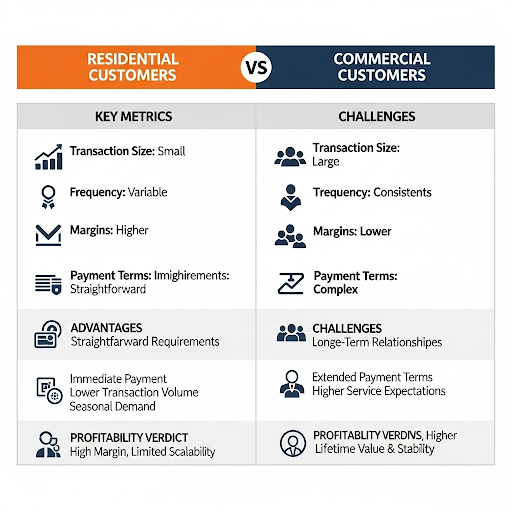 Comprehensive infographic comparing residential vs. commercial customers across all key metrics: transaction size, frequency, margins, payment terms, and service requirements
