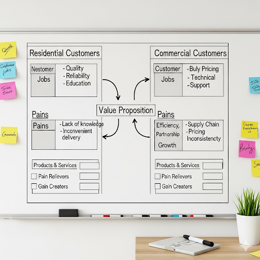 Value proposition canvas showing different customer segments and their specific needs, pains, and desired gains