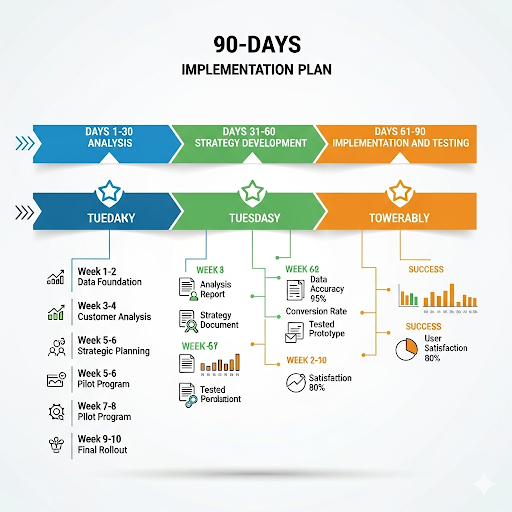 Interactive timeline showing the 90-day implementation plan with key milestones, deliverables, and success metrics