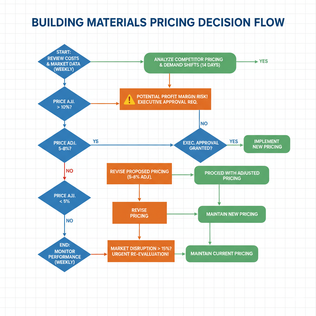 Dynamic pricing decision tree for Nigerian building materials showing step-by-step process from cost increase detection through market analysis to pricing implementation, with specific thresholds including 10% increase triggers, 5-8% volatility buffers, and 14-day monitoring periods.