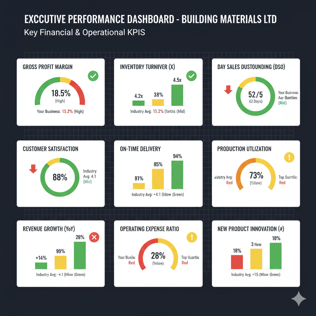 KPI benchmark dashboard for building materials business showing 9 performance metrics including 18.5% gross margin vs 15.2% industry average, 4.2x inventory turnover vs 3.8x benchmark, 52-day sales outstanding vs 67-day average, 94.5% order fulfillment vs 89.2% standard, with color-coded performance indicators and top quartile comparisons.