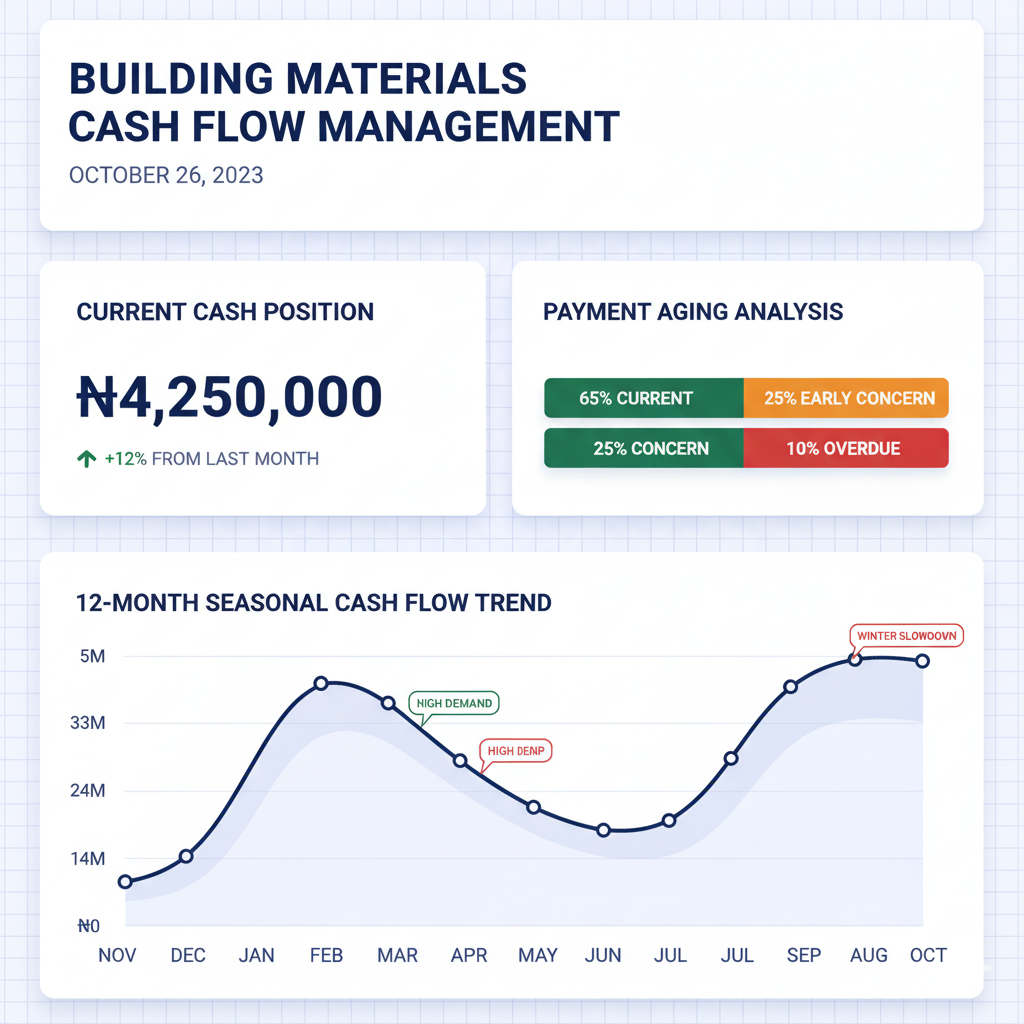 Cash flow management dashboard showing ₦4,250,000 current position, 30-day projection of ₦3,890,000, outstanding receivables totaling ₦8,750,000 with 65% current, 25% early concern, and 10% overdue accounts, plus seasonal pattern showing December peak at ₦6.2M and August trough at ₦3.1M.