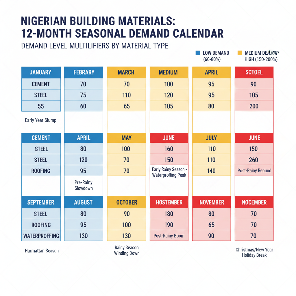Seasonal inventory planning calendar for Nigerian building materials showing monthly demand patterns with roofing materials peaking at 200% in April pre-rainy season, cement reaching 150% during January-February dry season construction peak, and overall demand dropping to 60-70% baseline during July-August rainy season low period.