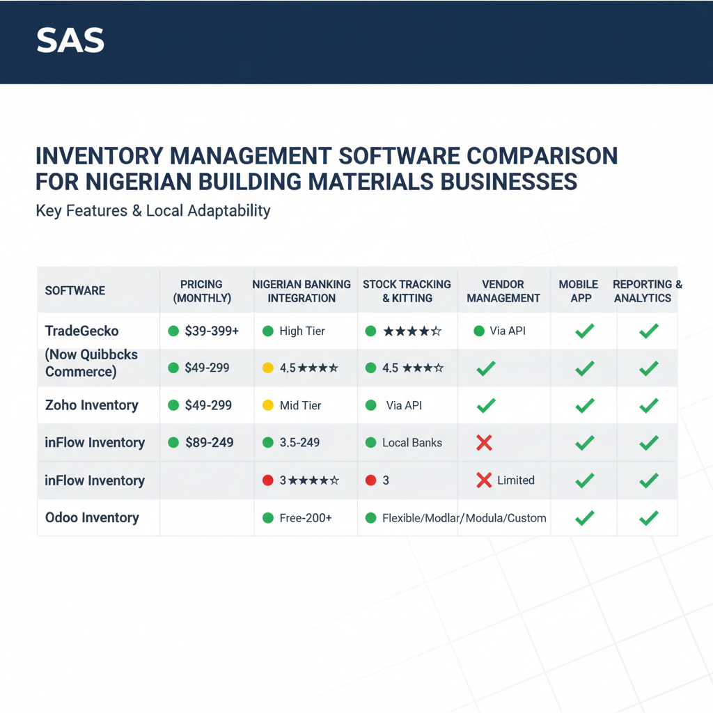 Inventory management software comparison matrix showing TradeGecko at $39-199 monthly with 4-star ease of use, Zoho Inventory at $40-249 with 5-star rating and good Nigerian banking integration, inFlow at $71-399 for small businesses, and Odoo $0-30 for enterprise with full customization options.