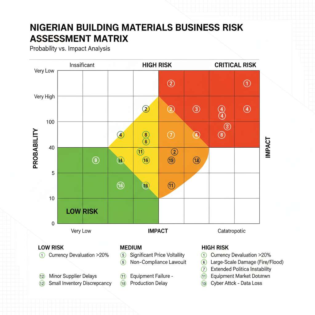 Risk assessment matrix for Nigerian building materials business showing 13 identified risks plotted by probability versus impact, with currency devaluation >20% in critical red zone (Impact 5, Probability 4), government import restrictions in high orange zone (Impact 5, Probability 3), and minor supplier delays in low green zone (Impact 2, Probability 3).
