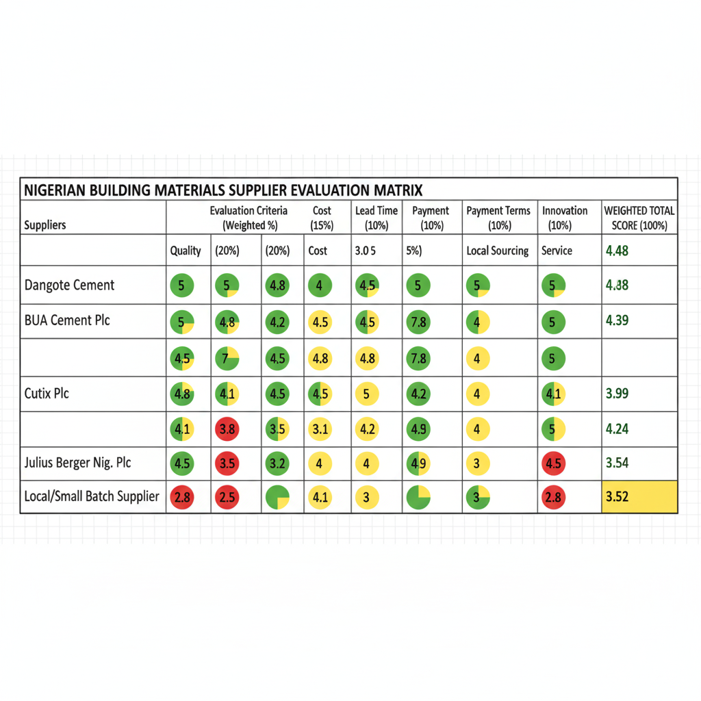 Supplier evaluation matrix comparing 5 Nigerian building materials suppliers across weighted criteria including product quality (25% weight), pricing (20%), and payment terms (15%), with Dangote scoring 4.1 overall, BUA at 4.0, and Cutix at 4.1 based on 1-5 scoring scale.