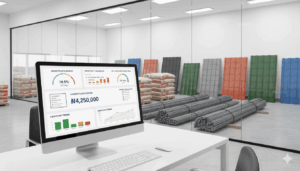 Professional business dashboard showing building materials inventory, financial charts, and Nigerian currency symbols, with construction materials like cement bags, steel bars, and roofing sheets in the background, modern office setting, bright lighting, high-quality business photography style.