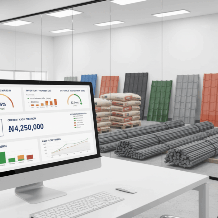 Professional business dashboard showing building materials inventory, financial charts, and Nigerian currency symbols, with construction materials like cement bags, steel bars, and roofing sheets in the background, modern office setting, bright lighting, high-quality business photography style.